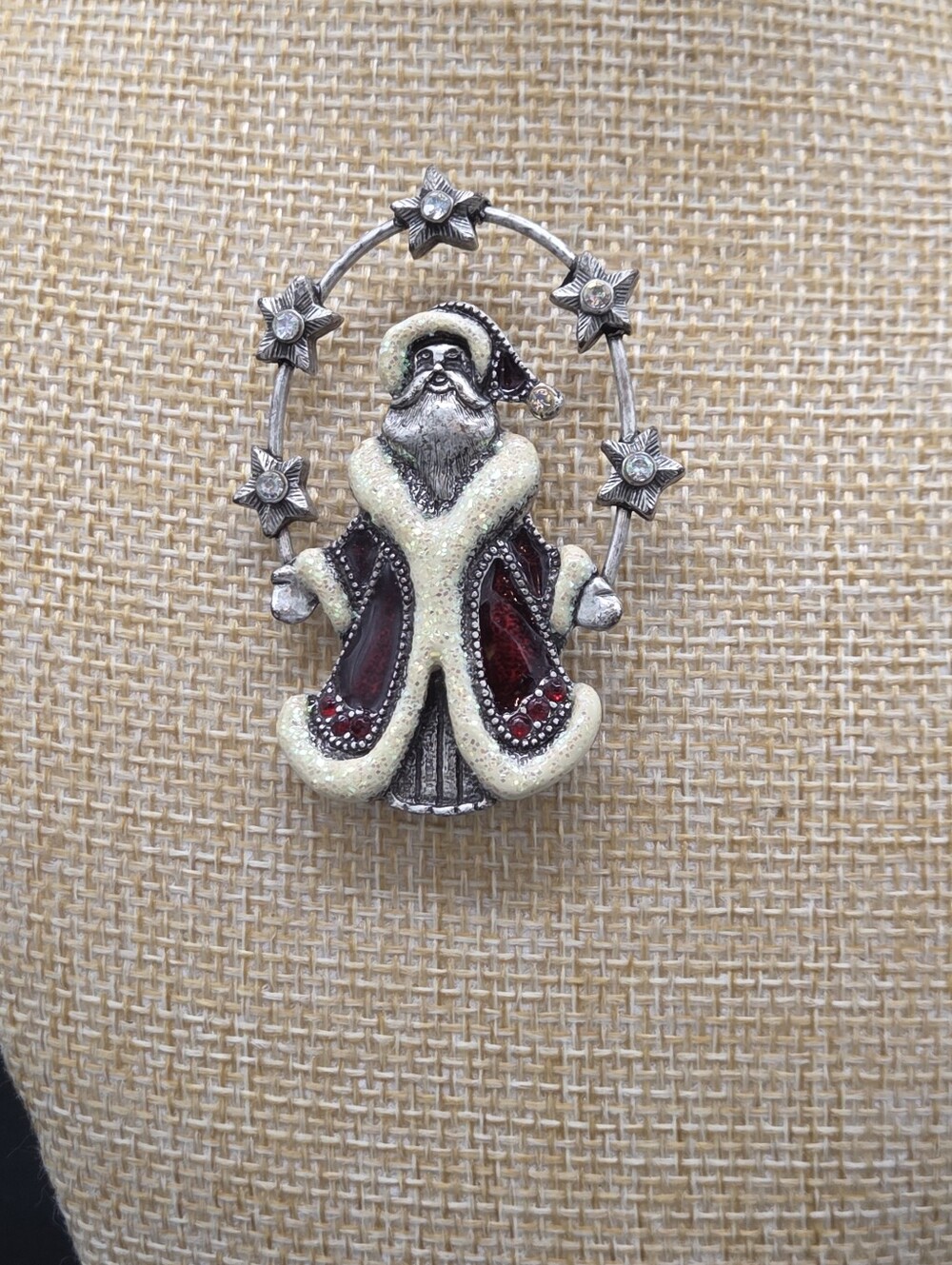 TC Silver-Tone Santa Brooch with Red Enamel and Cream Glitter Trim